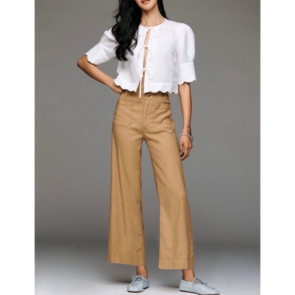 Anthropologie Denim - Anthropologie Maeve‎ The Colette Ankle Cropped Linen Wide Leg Pants Tan 29